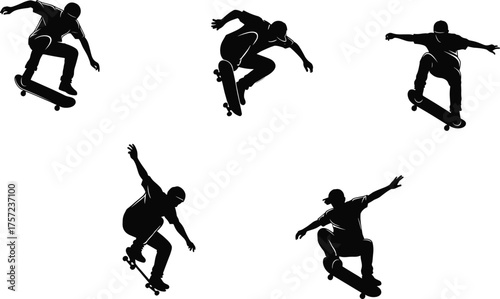 Skateboarder silhouettes performing aerial tricks, skateboarding vector illustration, extreme sport design, urban lifestyle artwork, dynamic movement action poses graphic