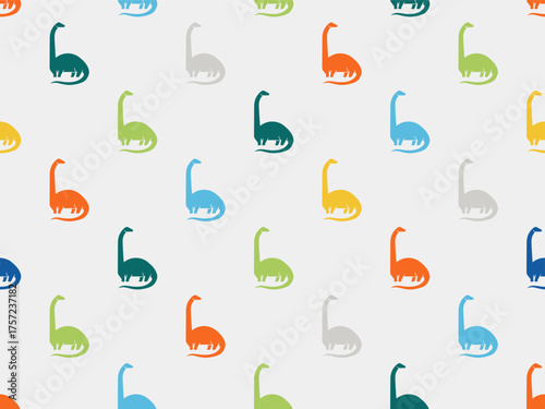 Cute kid poster with dinosaur icon. Summer bright seamless pattern with brachiosaurus . Geometric banner of ancient predator animal, vector illustration