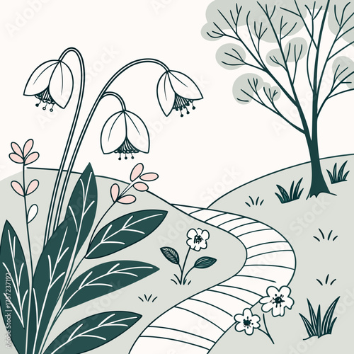 A serene garden path with blooming bellflowers illustration