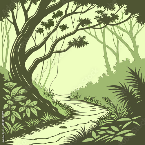 Serene Jungle Pathway Amidst Lush Green Foliage Illustration