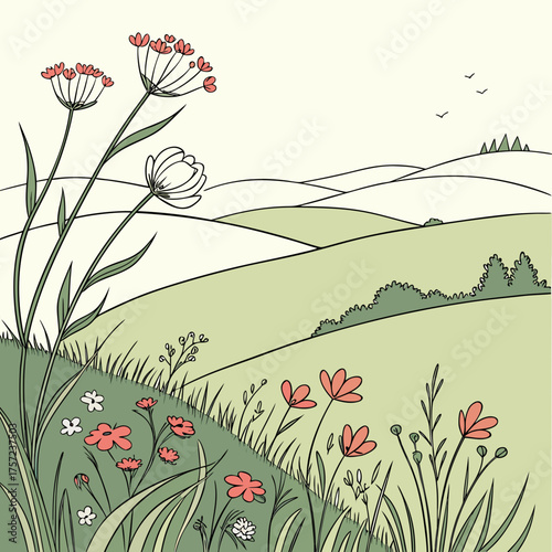 Serene wildflower meadow on rolling green hills landscape
