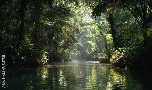 Lush Tropical Jungle with Serenity River and Sunlight Peeking Through