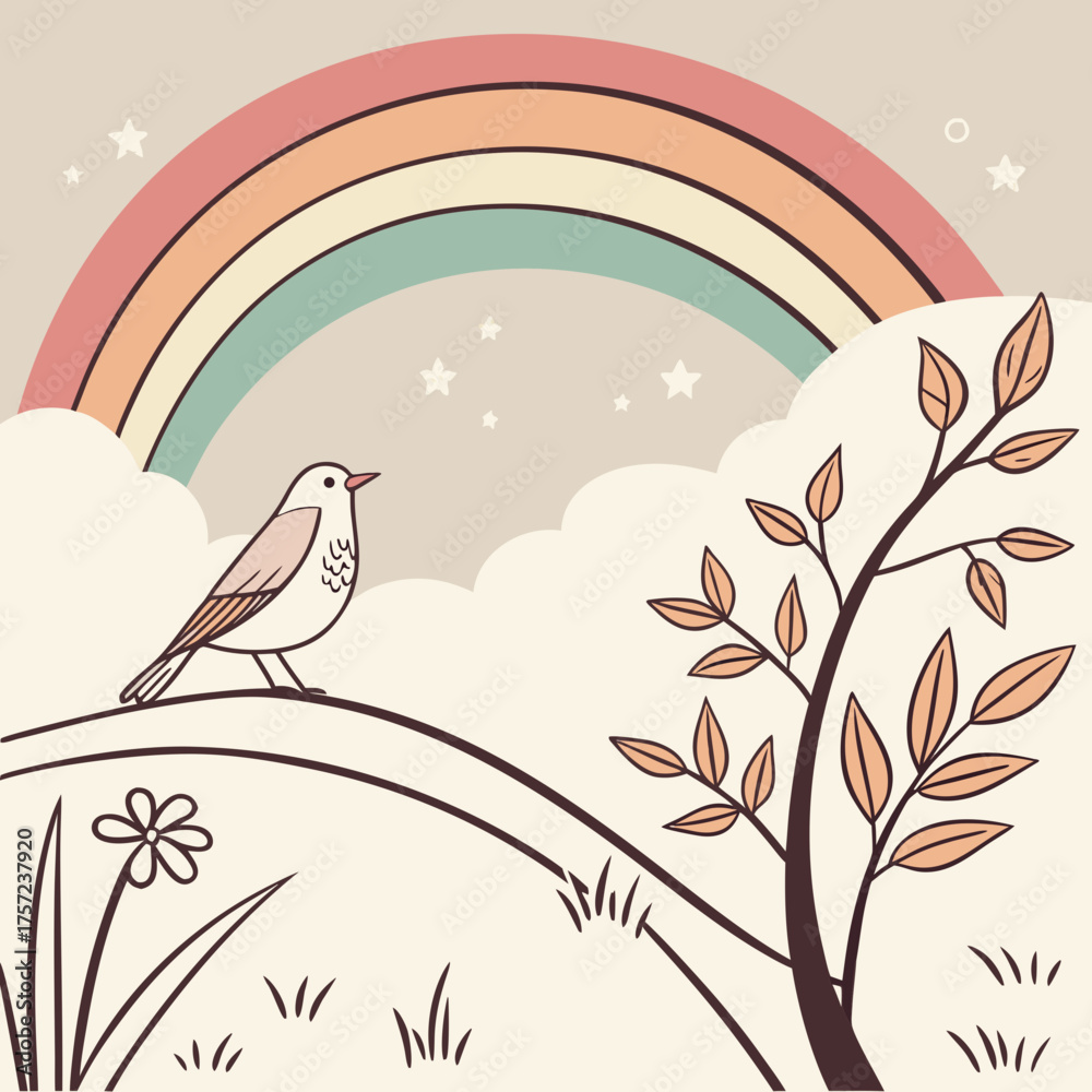 Fototapeta premium Whimsical Hand-Drawn Landscape with a Bird and Rainbow