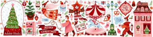 Whimsical vintage Christmas  illustration with festive characters, carousel with a horse, snow globe, arlequin, letter, carnival, postbox, house, gift, tree. Retro holiday art for greeting card, iсons