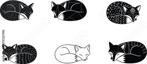 Sleeping fox silhouettes curled up, tail wrapped body, animal illustration vector, wildlife art design, cozy nature symbol, geometric artistic style