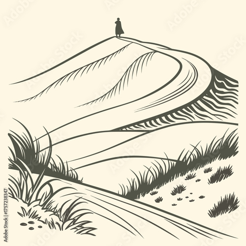 Vintage sketch of a solitary figure journeying across sand dunes