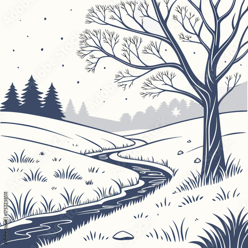 Stylized Winter Landscape with a Winding Stream and Bare Tree