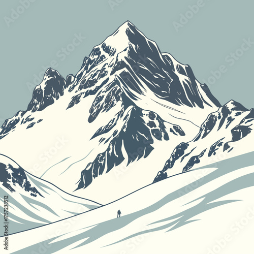 Winter mountain landscape illustration with a lone adventurer