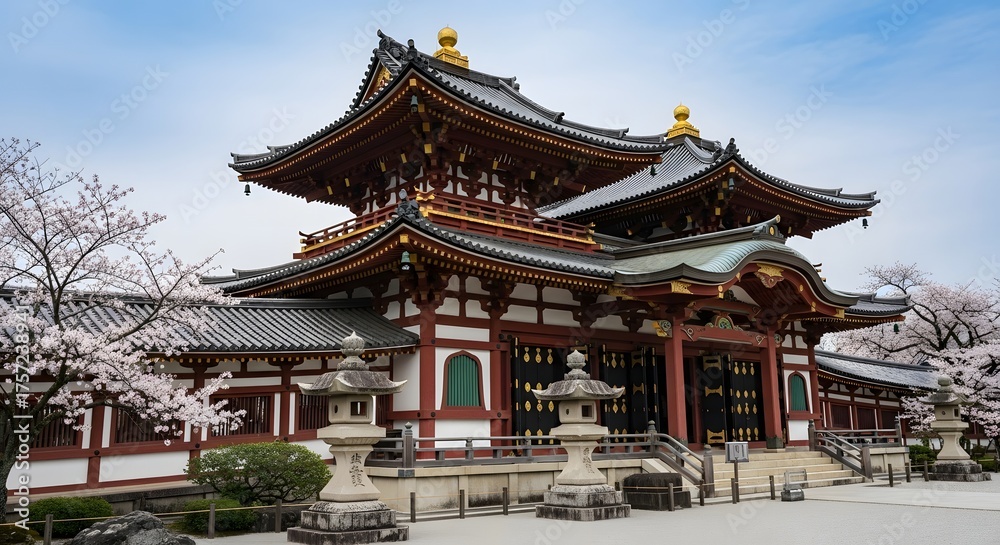 Fototapeta premium Majestic japanese temple architecture majestic snow-covered scenery iconic cultural landmark