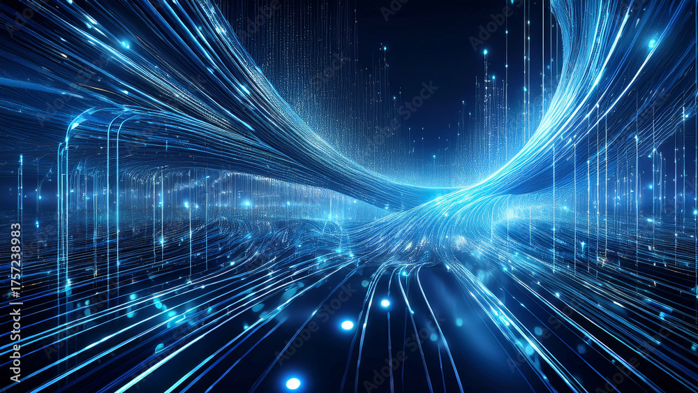 Fototapeta premium A glowing quantum computing data stream, intertwined into complex dendritic structures in a deep blue virtual space.