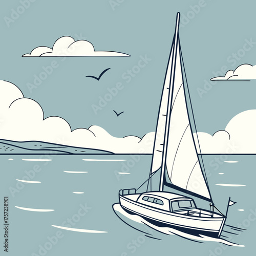 A peaceful sailboat journey across the tranquil blue sea
