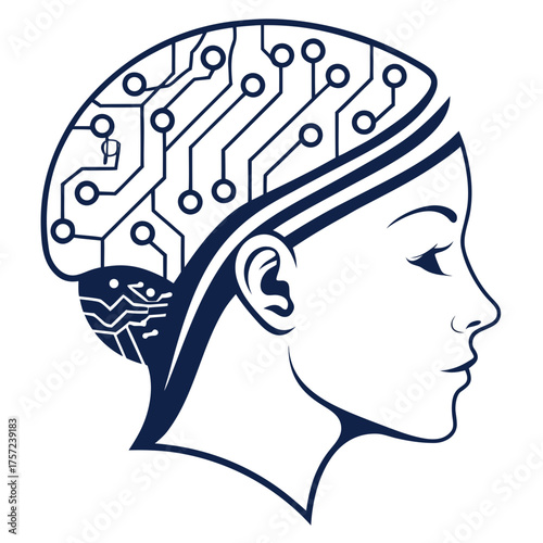Profile of a Woman with a Circuit Board Brain Representing AI