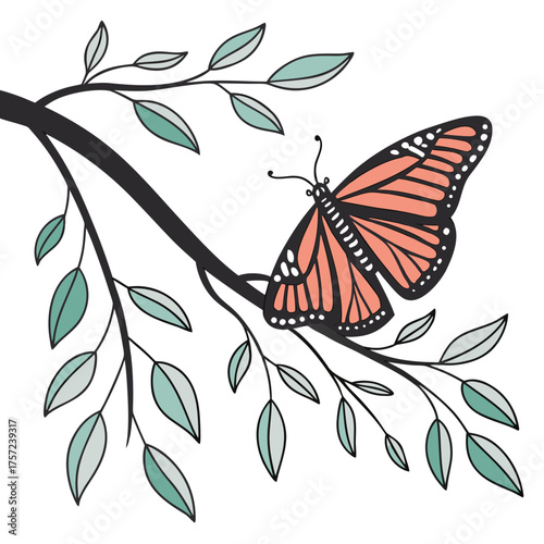 Elegant Illustration of an Orange Butterfly Resting on a Branch