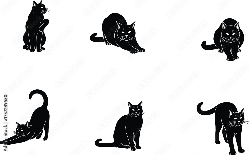 Naklejka premium Black cat silhouette illustration, feline animal artwork, sitting cat design, stretching cat drawing, crouching cat pose, domestic pet graphic, minimalist artwork
