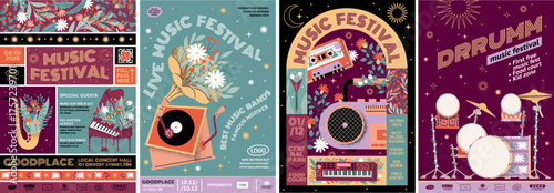 Music festival. Music. Vector retro illustration of musical instruments, floral elements, drums, gramophone, tape recorder, cassette, piano, synthesizer, boombox for poster, background or invitation t