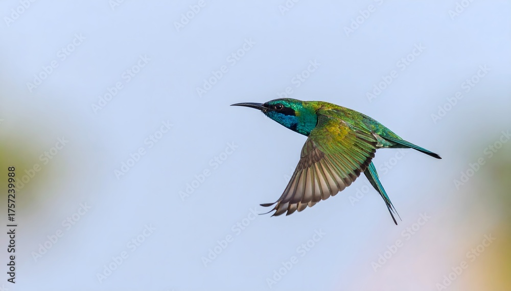Fototapeta premium Green Bee-eater in Flight Against Soft Blue Sky