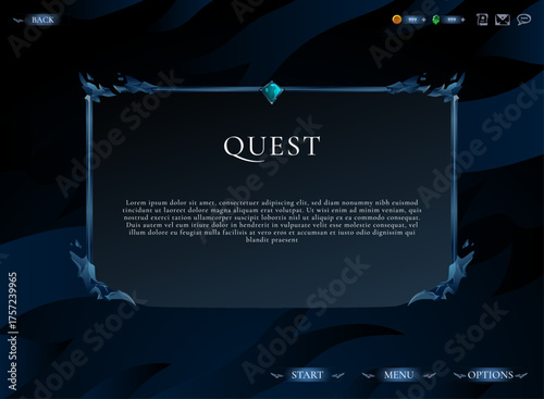 Fantasy RPG quest dialogue screen, elegant dark blue UI layout with ornate frame and gemstone accent for story or mission text.