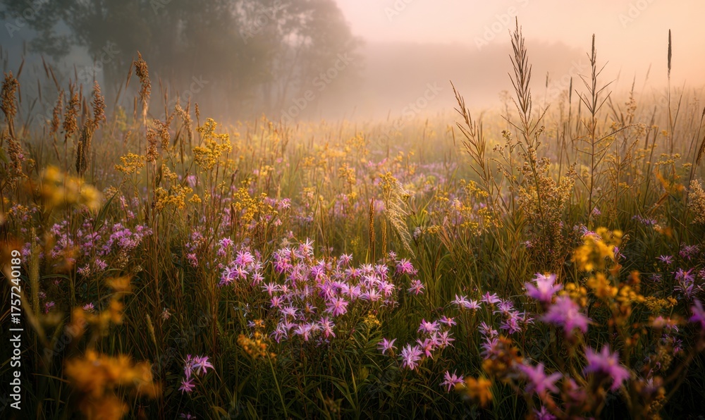 Naklejka premium Misty Sunrise Over Colorful Wildflower Meadow in Soft Morning Light