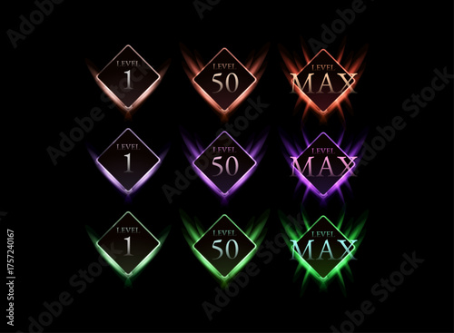 Fantasy glowing level badge icon set, colorful diamond frame UI for RPG level 1, 50, and max progress stages.