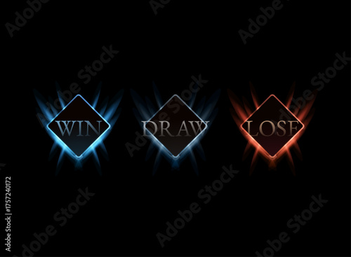 Fantasy glowing win draw lose badge icon set, elegant diamond frame UI elements for RPG and battle result screen design.