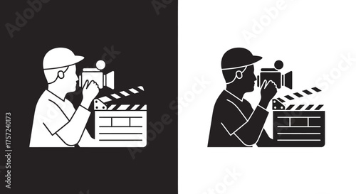 Video Production Vector Icon with Cameraman and Clapperboard Glyph in Black and White