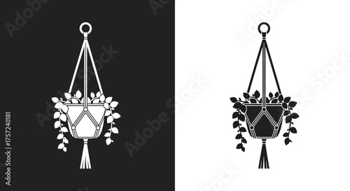 Icon Vector of a Minimalist Macrame Hanging Plant in Black and White