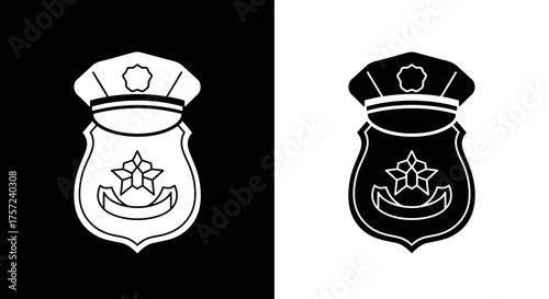 Monochrome police badge and cap icon vector illustration.