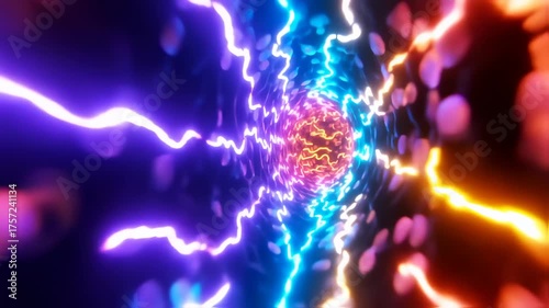 Glowing, vibrant tunnel with energy arcs and particles, evoking a sense of motion and digital art