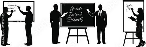 Teacher writing on whiteboard, instructor using chalkboard, professional presenting with flip chart, education training illustration, classroom teaching artwork, business seminar design