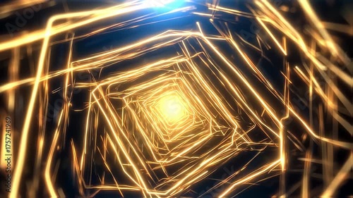 Abstract image of a glowing tunnel, geometric shapes creating a vibrant, golden light display