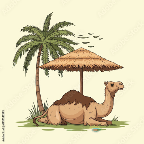 Camel Resting Under a Straw Umbrella Near a Palm Tree.