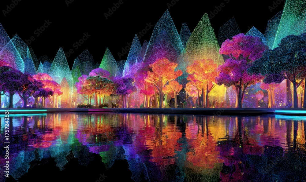 Naklejka premium Colorful Night Scene with Vibrant Trees and Reflections on Water