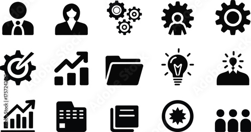 Corporate management silhouettes icon bundle set: business people, documents, teamwork, strategy targets, gear, and more. Ideal for business strategy, teamwork, innovation, and growth concepts.