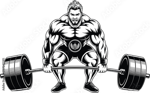 Muscular man deadlift drawing, bodybuilding athlete lifting heavy barbell, fitness strength training artwork, gym workout illustration, powerlifting poster, black white design