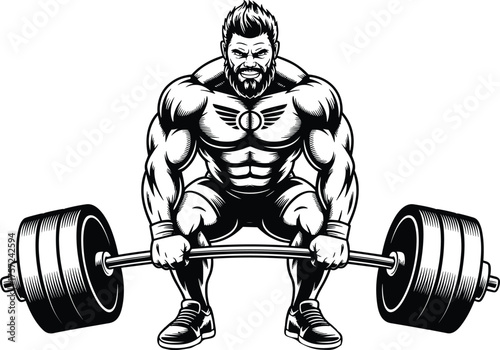Muscular man deadlift illustration, bodybuilding strength training artwork, fitness athlete lifting heavy barbell, gym workout powerlifting drawing, black white design