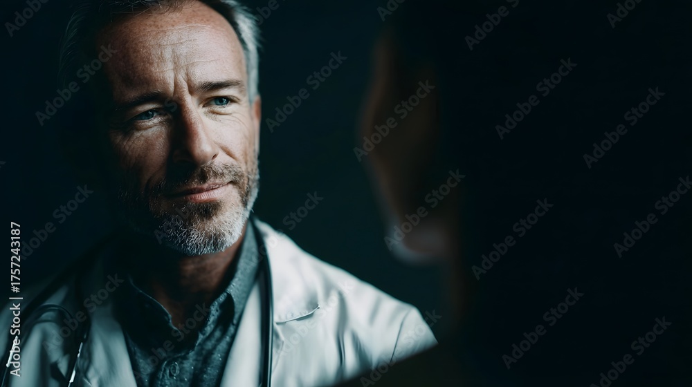 Fototapeta premium An experienced doctor wearing a lab coat and stethoscope converses with a patient in a dimly lit consultation room