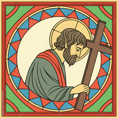 Saint stands in prayer holding a cross within colorful geometric stained glass border