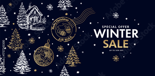 Winter sale, Christmas tree and star set on blue, Hand drawn illustration.	
