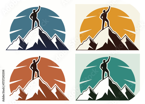 Four Circular Mountain Climber Victory Silhouettes in Retro Colors peak summit