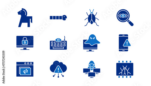 Malware icon set containing various types of malware. Trojan horse, worm, viruses, spyware, ransomware, key logger, rootkits, mobile, adware, IoT, botnets and fileless malware vector icons
