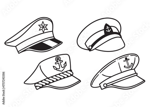 Four Line Art Nautical Caps with Star and Anchor Emblems on White Background navy maritime