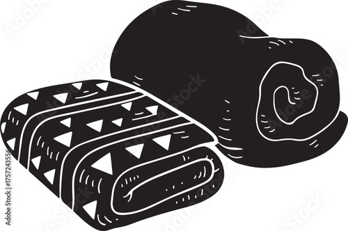 Rolled Blanket and Folded Patterned Textile Silhouette Hand-Drawn Cozy Home Bedding or Picnic Rug Vector Graphic