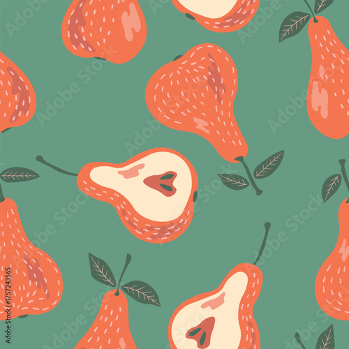 Seamless pattern with pear on color background. Natural delicious fresh ripe tasty fruit. Sweet pears with leaves. Food concept. Vector illustration for print, fabric, textile.