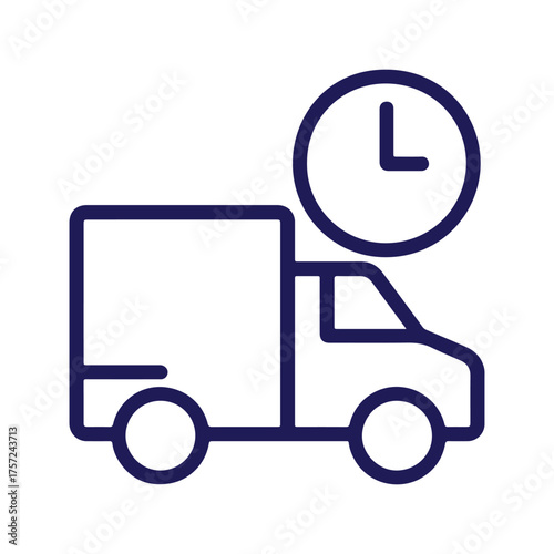 Simple line art icon of a delivery truck with a clock symbol indicating fast shipping and timely logistics
