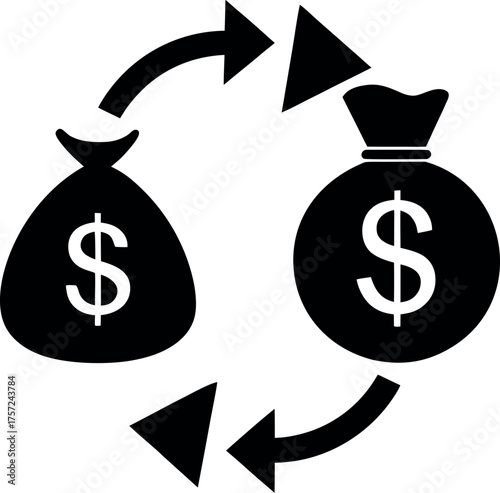 This financial icon depicts a money bag with a prominent dollar sign symbol, representing cash, banking, and wealth for business and investment success