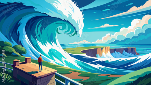 Tsunami wave seen from cliff viewpoint, person watching giant wall of water approaching coastline, wind blowing through grass, cinematic tension and natural scale
