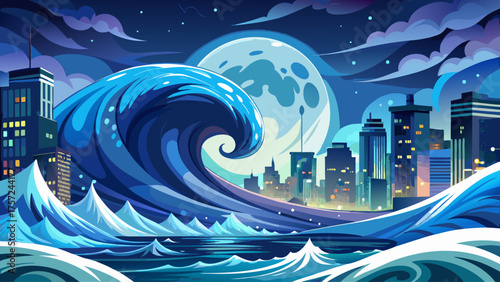 Nighttime tsunami under moonlight, massive waves glowing silver, city lights in distance reflecting on water, powerful and surreal atmosphere of sea and sky