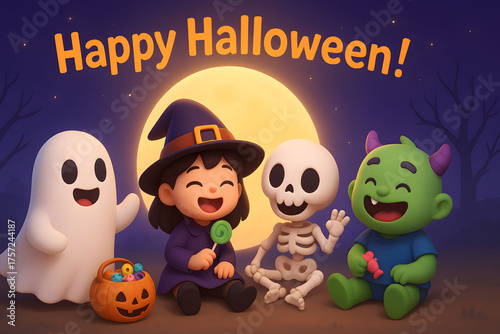 Happy Halloween Kids in Cute Costumes Sitting Under Full Moon