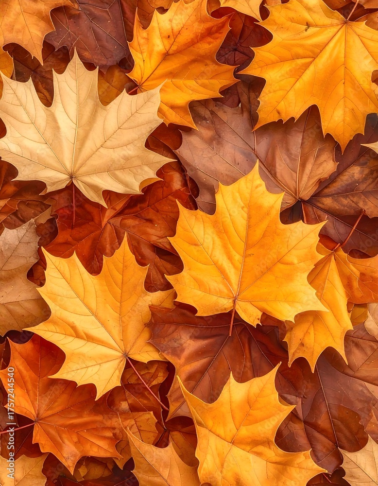 Fototapeta premium A rich and vibrant carpet of fallen maple leaves showing the warm, golden hues of the autumn season from a top-down perspective
