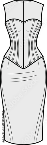 Cad drawing flat vector illustration, strapless corset dress technical sketch, front view fashion template, garment construction detail, pencil silhouette